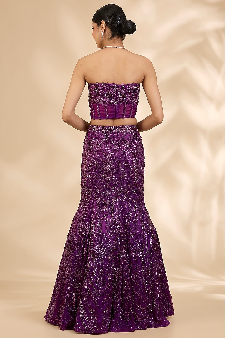 Dark Purple Organza Sequin & Cutdana Embroidered Fish-Cut Bridal Lehenga Set by SHIVA JANGRA at Pernia's Pop Up Shop