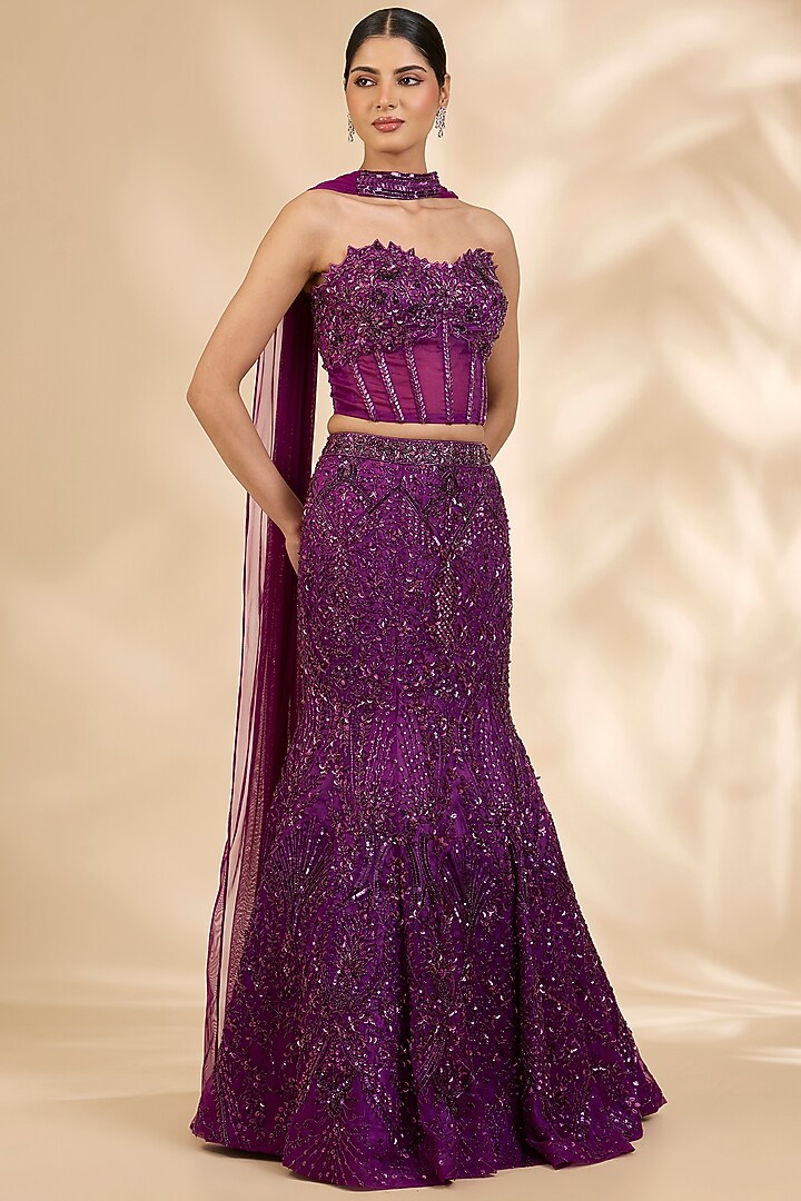 Dark Purple Organza Sequin & Cutdana Embroidered Fish-Cut Bridal Lehenga Set by SHIVA JANGRA at Pernia's Pop Up Shop