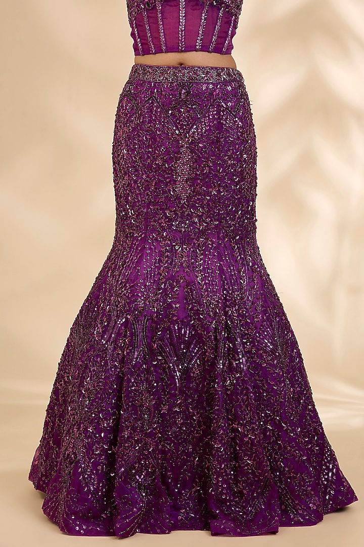 Dark Purple Organza Sequin & Cutdana Embroidered Fish-Cut Bridal Lehenga Set by SHIVA JANGRA at Pernia's Pop Up Shop