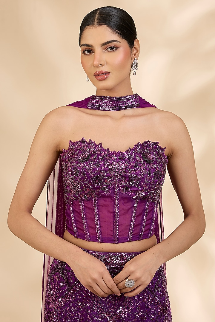 Dark Purple Organza Sequin & Cutdana Embroidered Fish-Cut Bridal Lehenga Set by SHIVA JANGRA at Pernia's Pop Up Shop