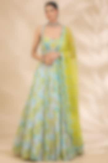 Multi-Coloured Crepe Floral Print & Sequin Embellished Wedding Lehenga Set by SHIVA JANGRA at Pernia's Pop Up Shop