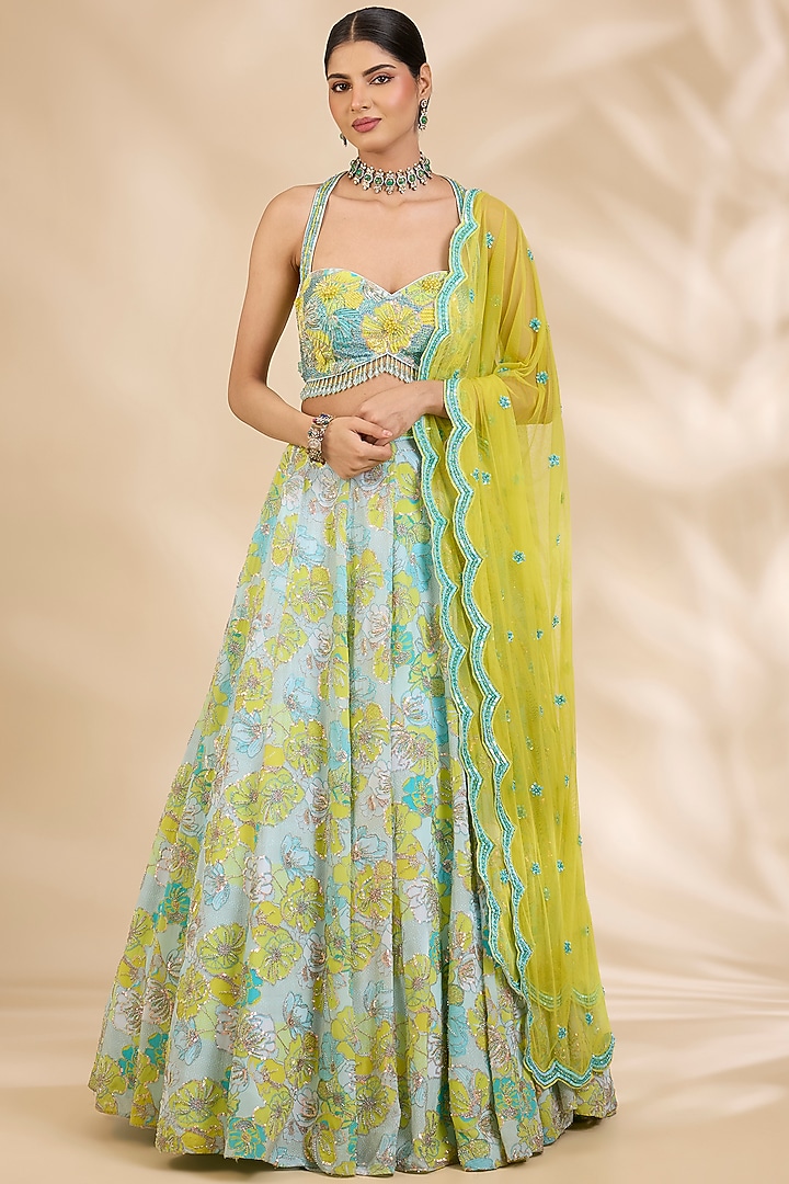 Multi-Coloured Crepe Floral Print & Sequin Embellished Wedding Lehenga Set by SHIVA JANGRA at Pernia's Pop Up Shop