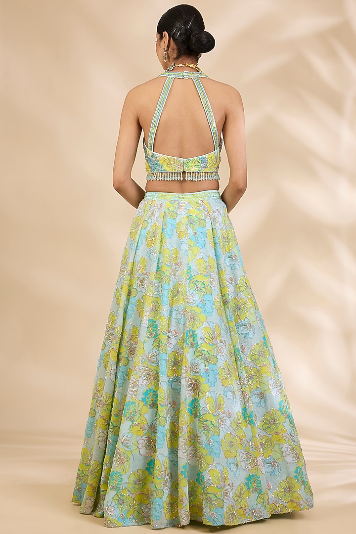 Multi-Coloured Crepe Floral Print & Sequin Embellished Wedding Lehenga Set by SHIVA JANGRA at Pernia's Pop Up Shop