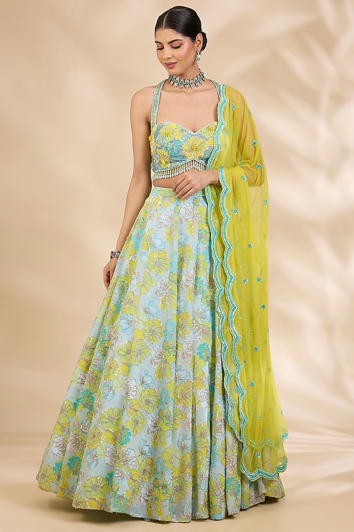 Multi-Coloured Crepe Floral Print & Sequin Embellished Wedding Lehenga Set by SHIVA JANGRA at Pernia's Pop Up Shop