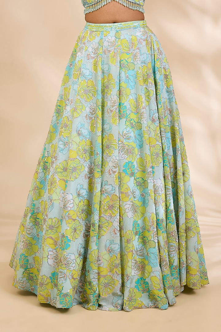 Multi-Coloured Crepe Floral Print & Sequin Embellished Wedding Lehenga Set by SHIVA JANGRA at Pernia's Pop Up Shop