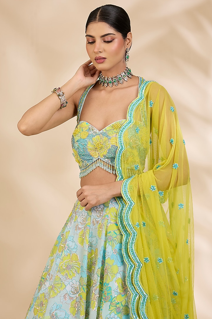 Multi-Coloured Crepe Floral Print & Sequin Embellished Wedding Lehenga Set by SHIVA JANGRA at Pernia's Pop Up Shop