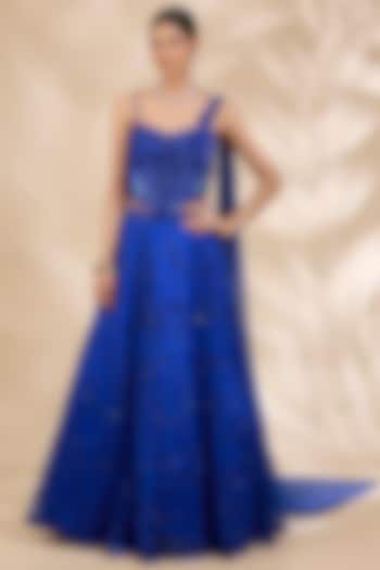 Blue Organza Sequin & Bead Embroidered Wedding Lehenga Set by SHIVA JANGRA at Pernia's Pop Up Shop