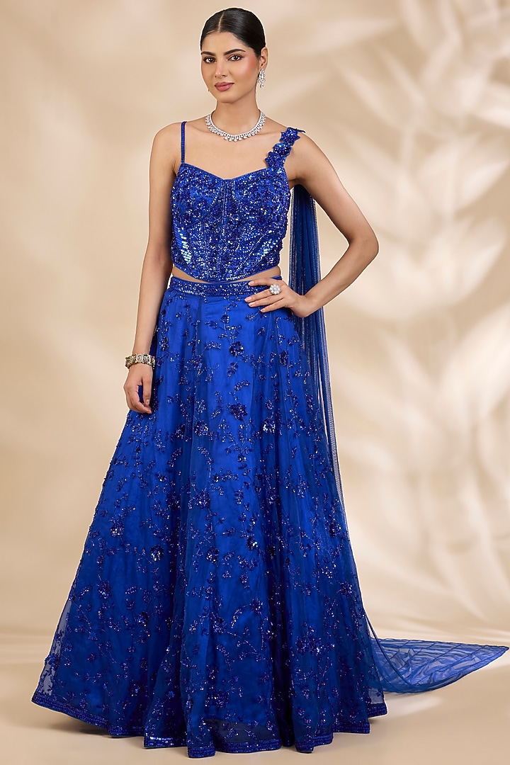 Blue Organza Sequin & Bead Embroidered Wedding Lehenga Set by SHIVA JANGRA at Pernia's Pop Up Shop