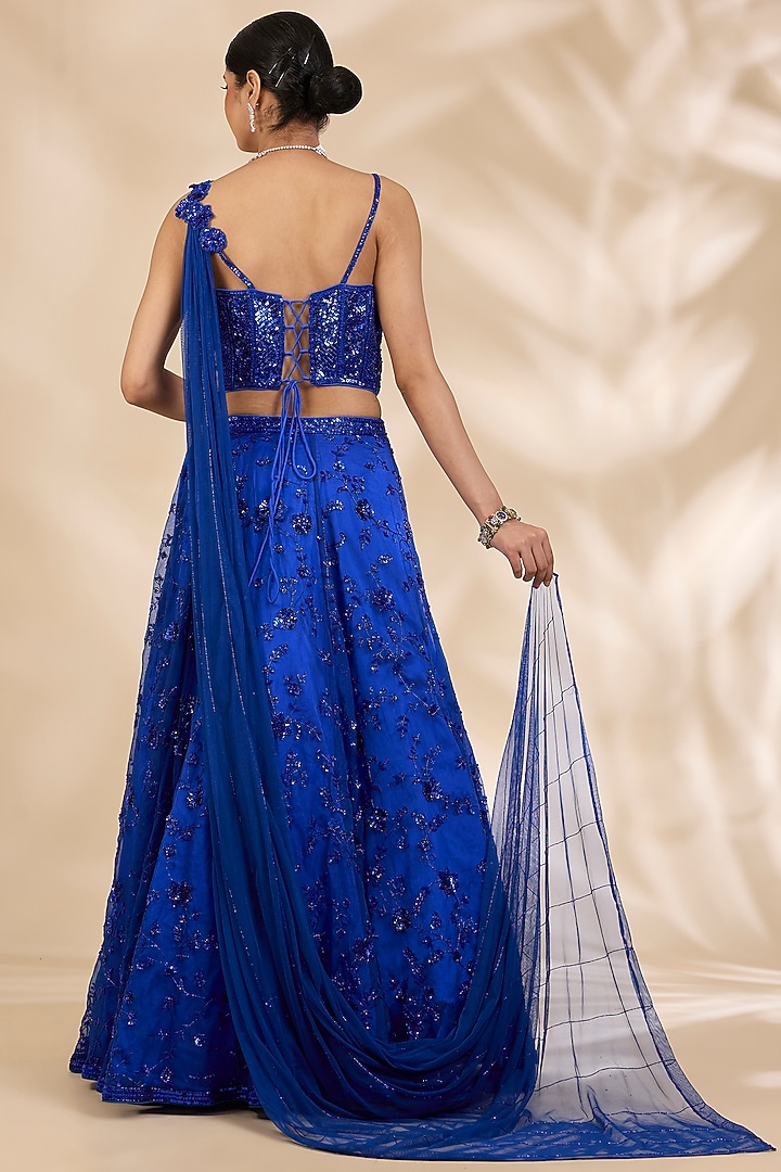 Blue Organza Sequin & Bead Embroidered Wedding Lehenga Set by SHIVA JANGRA at Pernia's Pop Up Shop