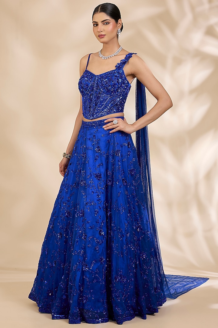Blue Organza Sequin & Bead Embroidered Wedding Lehenga Set by SHIVA JANGRA at Pernia's Pop Up Shop