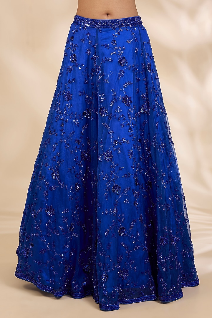 Blue Organza Sequin & Bead Embroidered Wedding Lehenga Set by SHIVA JANGRA at Pernia's Pop Up Shop