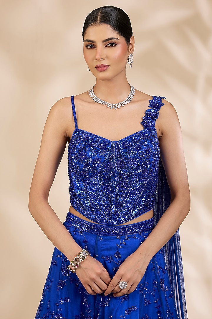 Blue Organza Sequin & Bead Embroidered Wedding Lehenga Set by SHIVA JANGRA at Pernia's Pop Up Shop