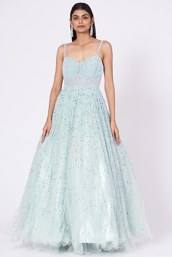 Powder Blue Sequins Embroidered Gown by SHIVA JANGRA