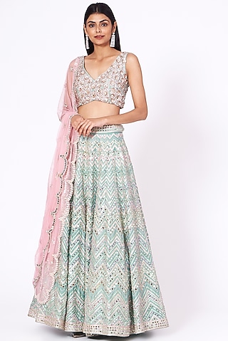 Mint Green Hand Embroidered Lehenga Set by SHIVA JANGRA