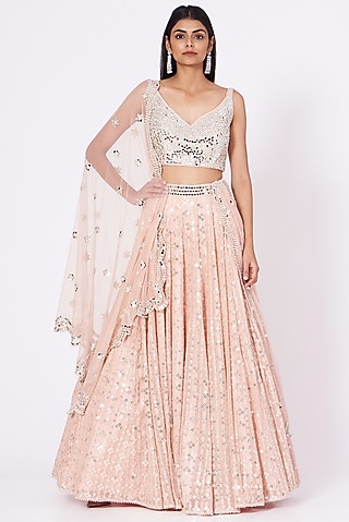 Peach Mirror Embroidered Lehenga Set by SHIVA JANGRA