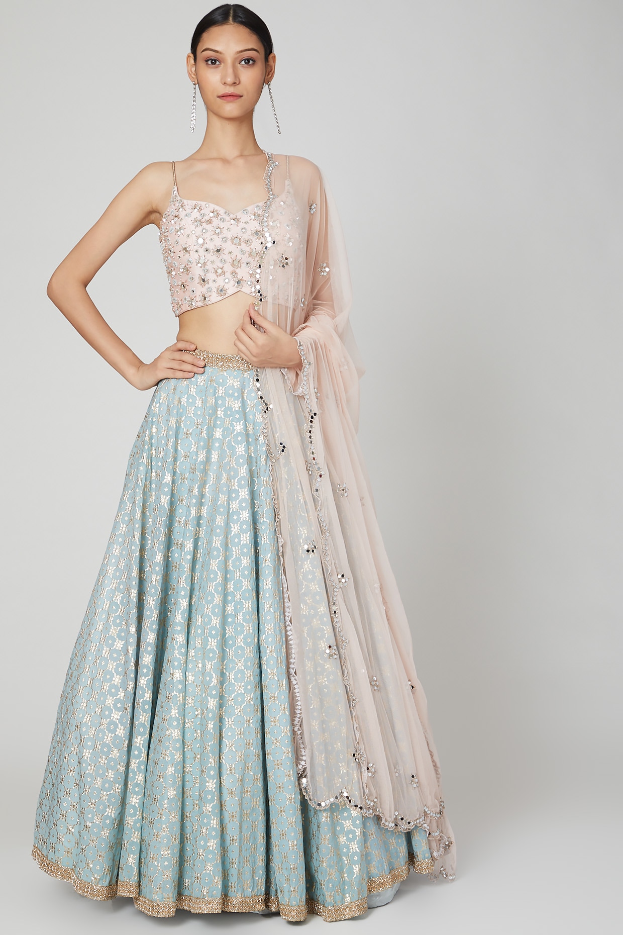 Photo of Light pink and blue floral embroidery lehenga