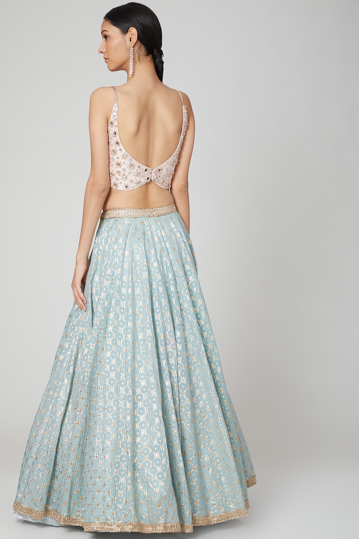 Cream Net Sequinse Work Semi-Stitched Lehenga & Unstitch