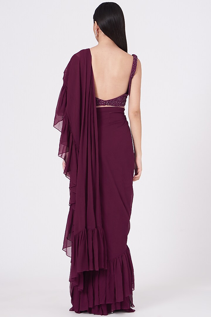 Wine Pure Georgette Fril Draped Wedding Saree Set by SHIVA JANGRA at Pernia's Pop Up Shop