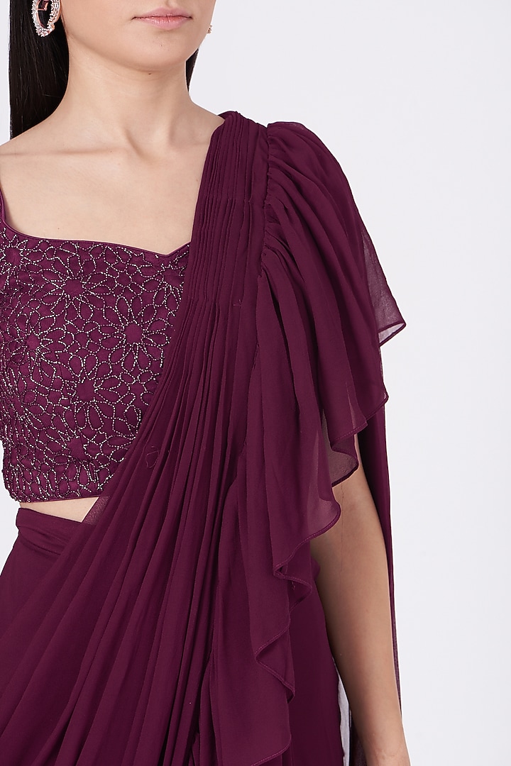 Wine Pure Georgette Fril Draped Wedding Saree Set by SHIVA JANGRA at Pernia's Pop Up Shop