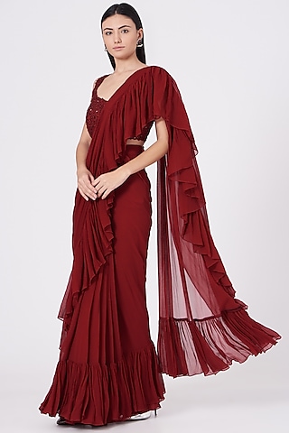 Wine Embroidered Ruffled Saree With Belt – Megha and Jigar