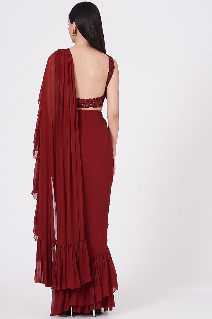 Maroon Pure Georgette Draped Wedding Saree Set by SHIVA JANGRA at Pernia's Pop Up Shop