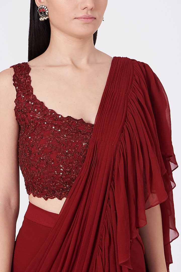 Maroon Pure Georgette Draped Wedding Saree Set by SHIVA JANGRA at Pernia's Pop Up Shop