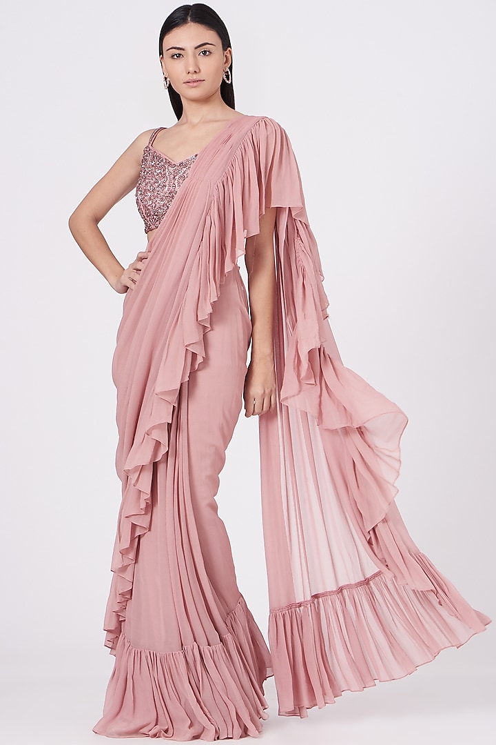 Nude Pink Pure Georgette & Soft Net Draped Saree Set by SHIVA JANGRA