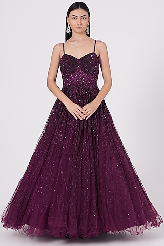 Wine Hand Embroidered Gown by SHIVA JANGRA