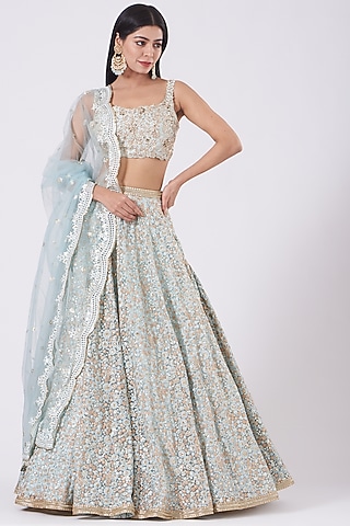 Dull Blue Embroidered Lehenga Set by SHIVA JANGRA
