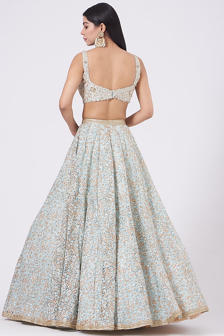 Dull Blue Embroidered Wedding Lehenga Set by SHIVA JANGRA at Pernia's Pop Up Shop
