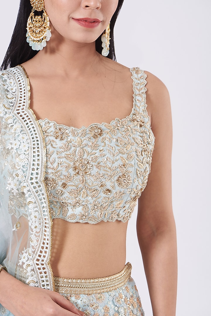 Dull Blue Embroidered Wedding Lehenga Set by SHIVA JANGRA at Pernia's Pop Up Shop