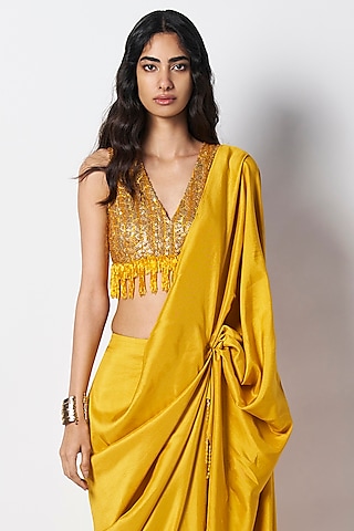 Ochre Yellow Silk Hand Embroidered Blouse by 431-88 By Shweta Kapur