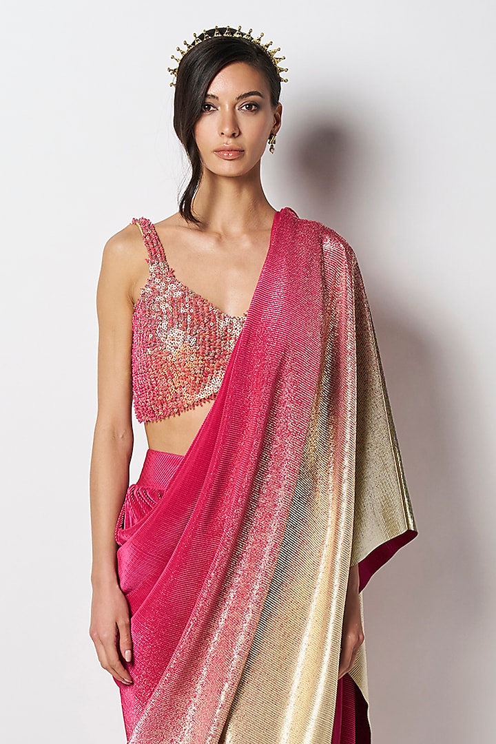 Gold & Fuchsia Silk Hand Embroidered Blouse by 431-88 By Shweta Kapur at Pernia's Pop Up Shop