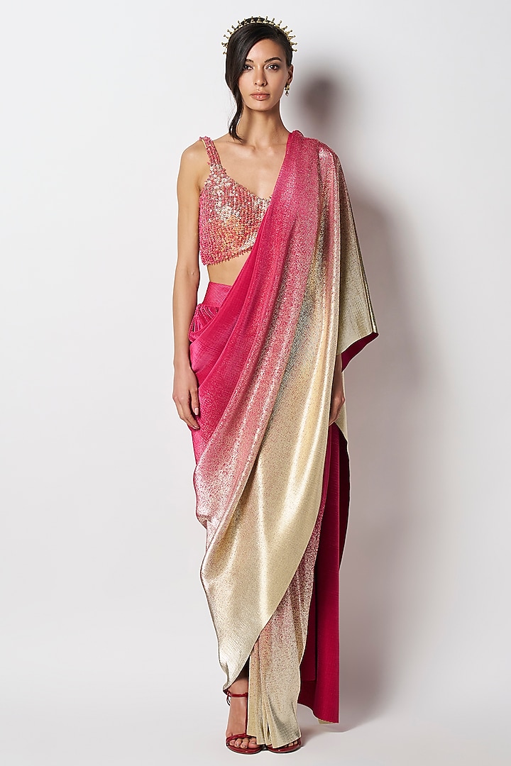 Gold & Fuchsia Silk Hand Embroidered Blouse by 431-88 By Shweta Kapur at Pernia's Pop Up Shop