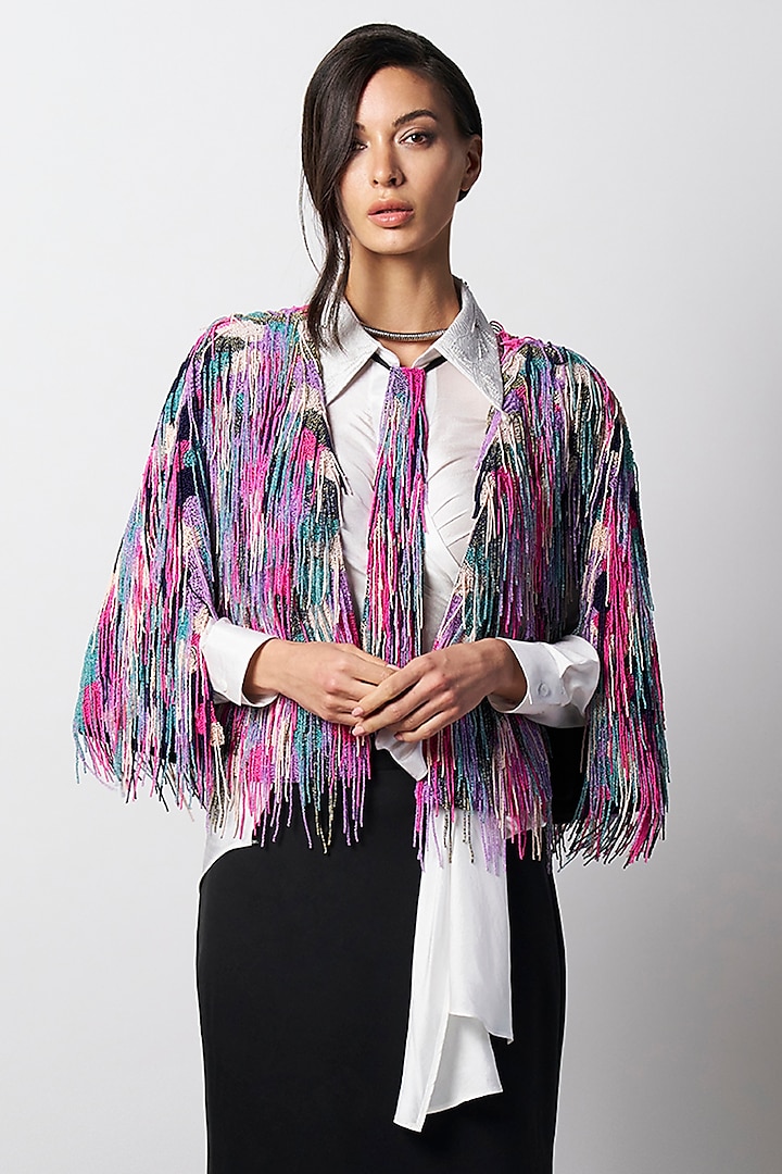 Rainbow Colored Silk Embroidered Handcrafted Cape by 431-88 By Shweta Kapur at Pernia's Pop Up Shop