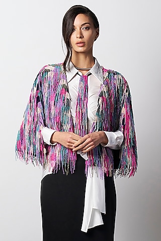 Rainbow Colored Silk Embroidered Handcrafted Cape by 431-88 By Shweta Kapur