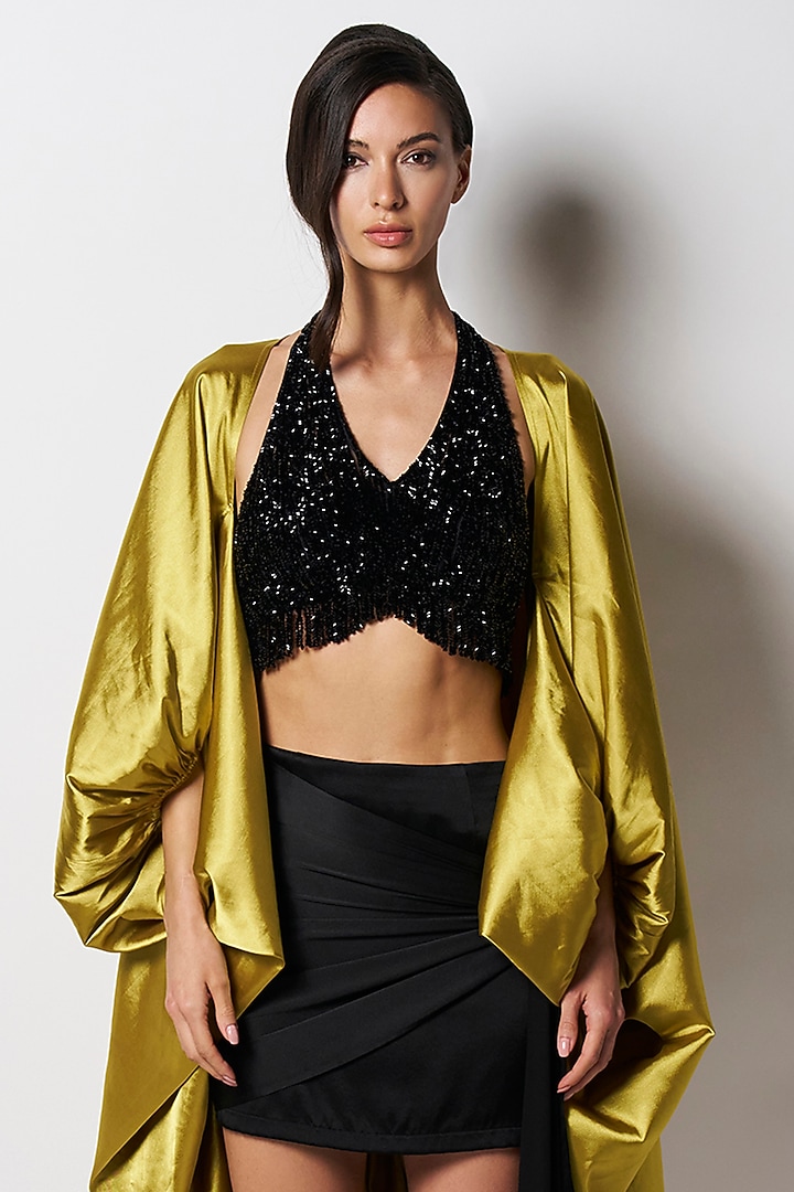 Kelly Green Satin Cape by 431-88 By Shweta Kapur at Pernia's Pop Up Shop