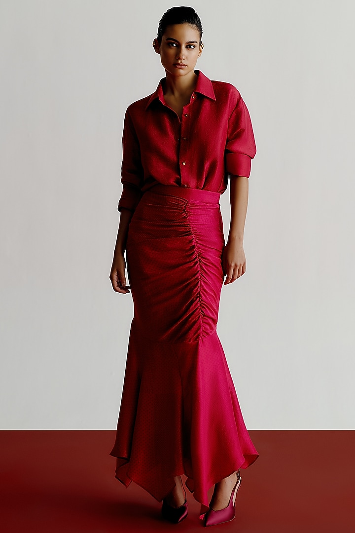 Cranberry Dupion Printed Shirt by 431-88 By Shweta Kapur at Pernia's Pop Up Shop