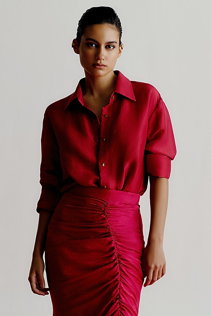 Cranberry Dupion Printed Shirt by 431-88 By Shweta Kapur at Pernia's Pop Up Shop