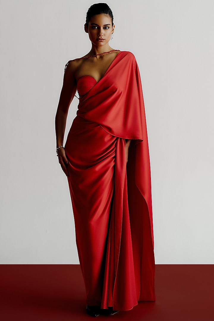 Red Versace Crepe Sculpted Corset by 431-88 By Shweta Kapur at Pernia's Pop Up Shop