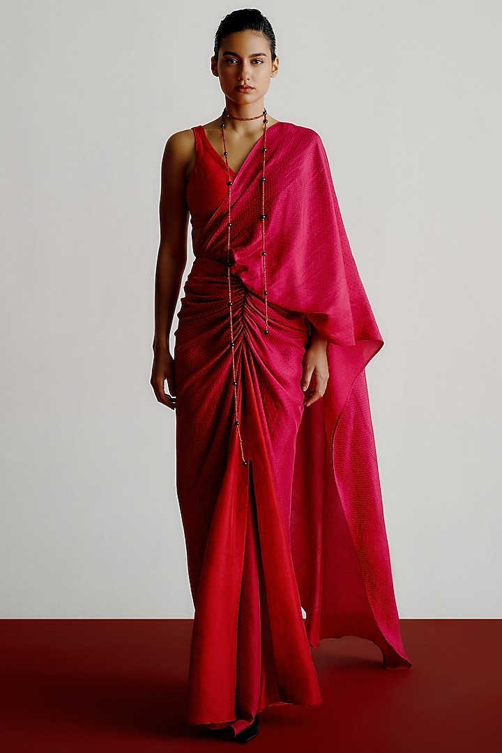 Red Dupion V-Neck Blouse by 431-88 By Shweta Kapur at Pernia's Pop Up Shop