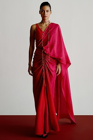 Red Dupion V-Neck Blouse by 431-88 By Shweta Kapur