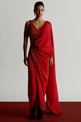 Red Dupion V-Neck Blouse by 431-88 By Shweta Kapur