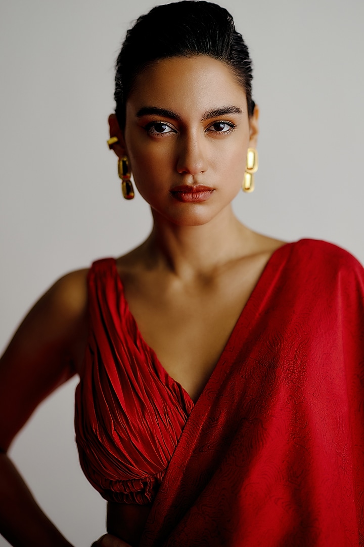 Red Dupion V-Neck Blouse by 431-88 By Shweta Kapur at Pernia's Pop Up Shop