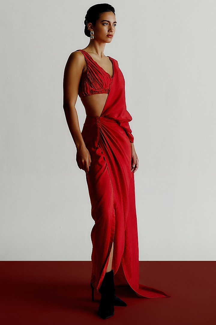 Red Dupion V-Neck Blouse by 431-88 By Shweta Kapur at Pernia's Pop Up Shop