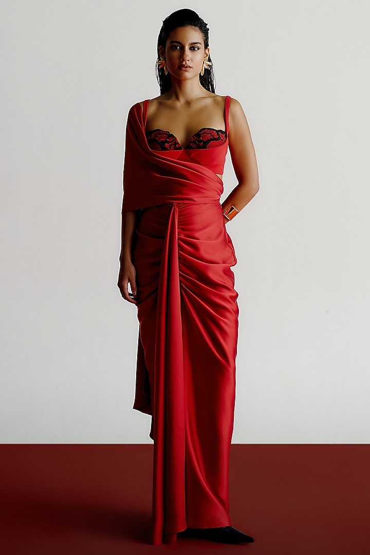 Red Capri Crepe Floral Beaded Blouse by 431-88 By Shweta Kapur at Pernia's Pop Up Shop