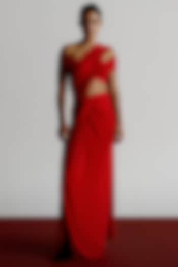 Red Korean Jersey Off-Shoulder Blouse by 431-88 By Shweta Kapur at Pernia's Pop Up Shop