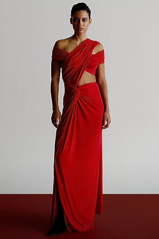 Red Korean Jersey Off-Shoulder Blouse by 431-88 By Shweta Kapur