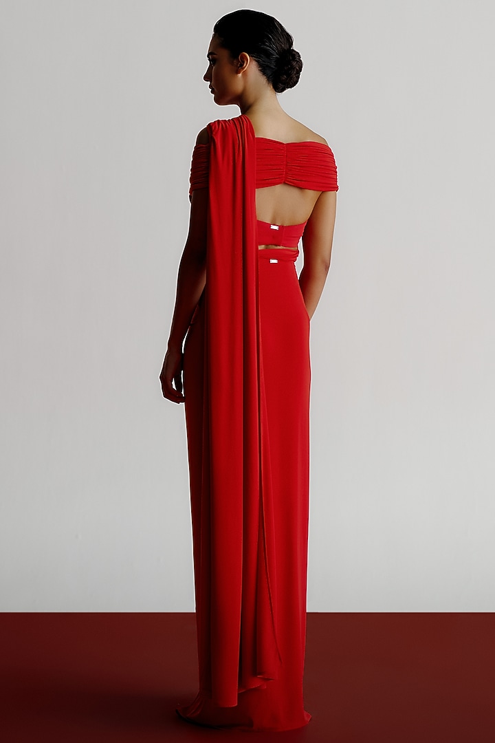 Red Korean Jersey Off-Shoulder Blouse by 431-88 By Shweta Kapur at Pernia's Pop Up Shop