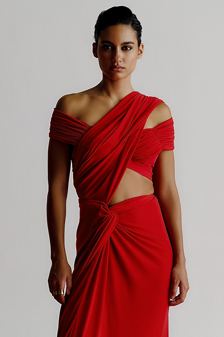 Red Korean Jersey Off-Shoulder Blouse by 431-88 By Shweta Kapur at Pernia's Pop Up Shop